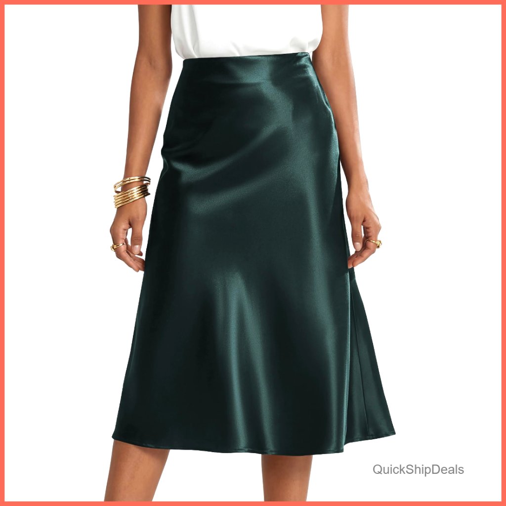 Silky Satin High Waist A Line Flared Zipper Midi Skirt
